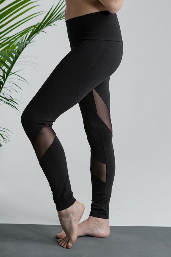 Items similar to Black Mesh Swirl Panel Leggings Cropped High Waisted
