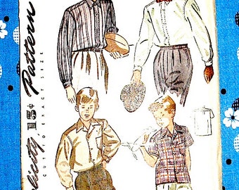 Vintage 1940s boys' shirt sewing pattern Simplicity 4973 Chest is 28 inches.