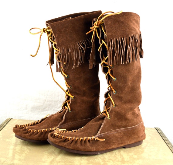 Awesome Vintage Fringe Suede Leather Tall Moccasins Boots