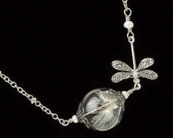 Dandelion Necklace, Wish Necklace, Terrarium Necklace, Dandelion Seed Necklace with Glass Orb, Silver Dragonfly & Pearl Wedding Jewerly Gift