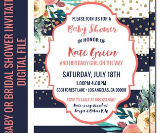 Baby Girl Shower Invitation, Navy and Gold Baby Shower, Floral Baby Shower, Watercolor Invitation, Coral and Gold, Printable