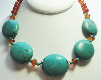 Turquoise Necklace Genuine Turquoise Beads Large Bold Oval Turquoise Nugget Necklace with Solid Sterling Silver