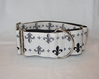 CLEARANCE Fleur-de-lis Martingale Dog Collar - 1.5 or 2 Inch - cream gray black mardis gras french flower