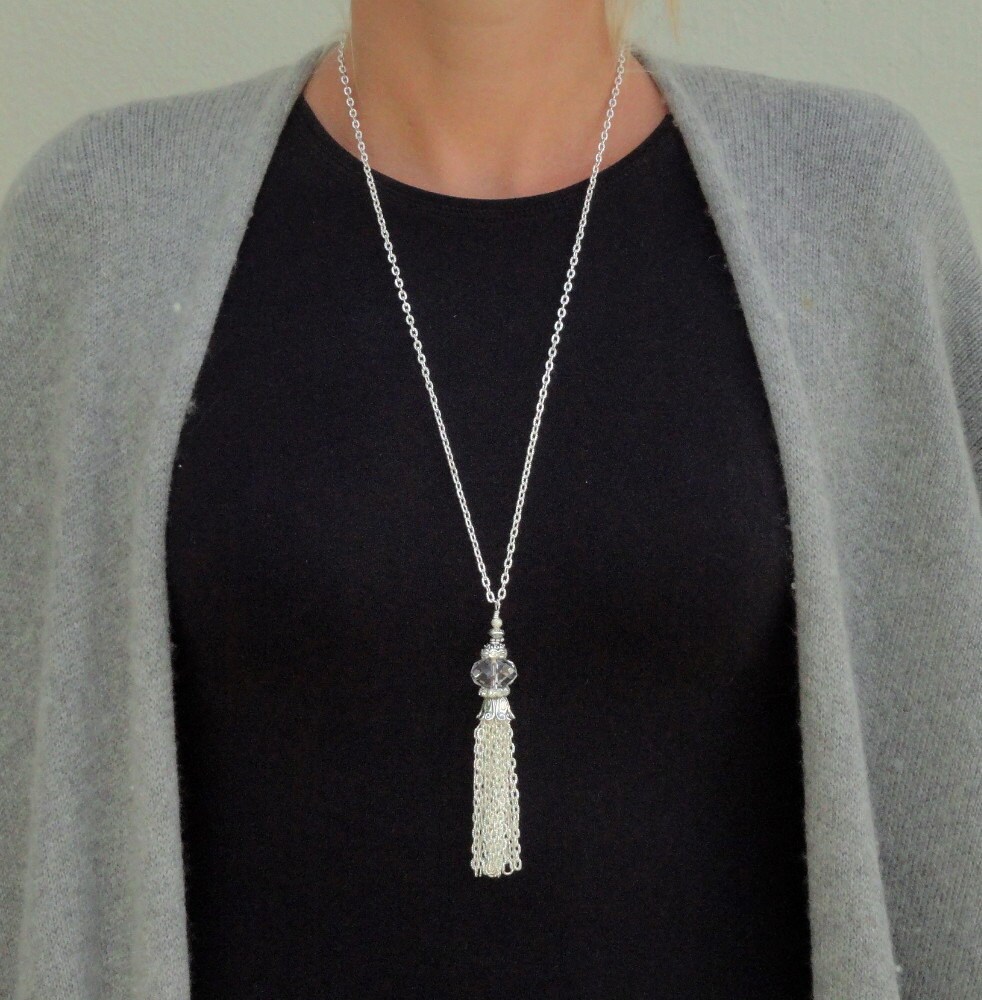 Tassel Necklace Silver Crystal Tassel Necklace Beaded Silver