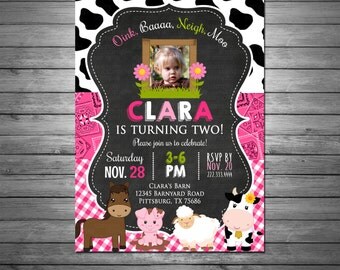 Girls Farm Barnyard Birthday Invitation, Printable File, Farm Animals Invitation, Pink Bandana, Farm Birthday Invitation