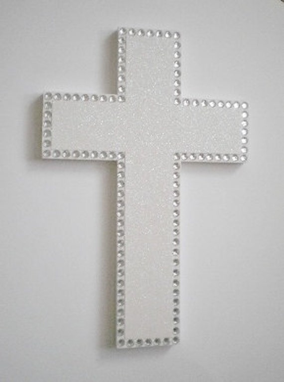 WHITE GLITTER & BLING Wall Cross Sparkling white glitter and