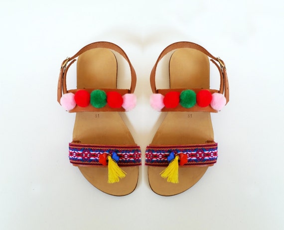 Items similar to Boho kids sandals, pom pom sandals, greek leather ...