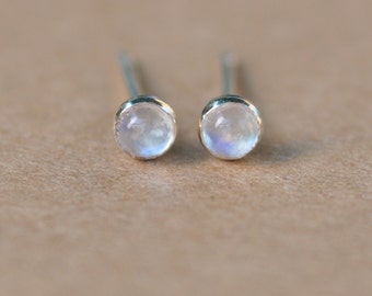 Rainbow Moonstone Earrings handmade with Sterling Silver Settings. 3 mm Cabochon Gemstone and Silver studs, September birthstone, birthday