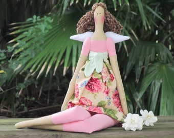 Fabric doll Tilda angel cloth doll pink art doll cute stuffed doll guardian anngel rag doll brunette gift for girls - birthday gift for girl