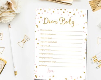 Pink and Gold Baby Shower Wishes for Baby, Wishes Baby Girl Shower Games Glitter Confetti Pink Baby Shower Game Print Instant Download BB1