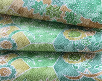 Kimono Silk Fabric, Japanese Kimono Silk, Green Fabric, Geometric Fabric, Green Kimono Silk, Silk Chirimen Crepe