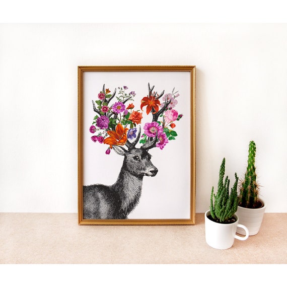 DEER and FLOWERS art print archival art print digital