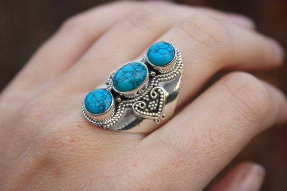 3 STONE TURQUOISE RING -Sterling Silver Ring- Labradorite Ring- Healing Crystal Jewellery- Chakra Ring- Statement Ring- Vintage- Crystal