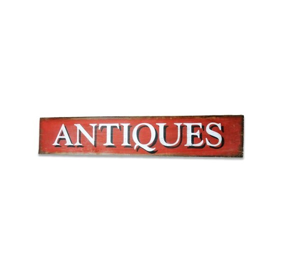 Large Rustic Sign Saying Antiques White on Red