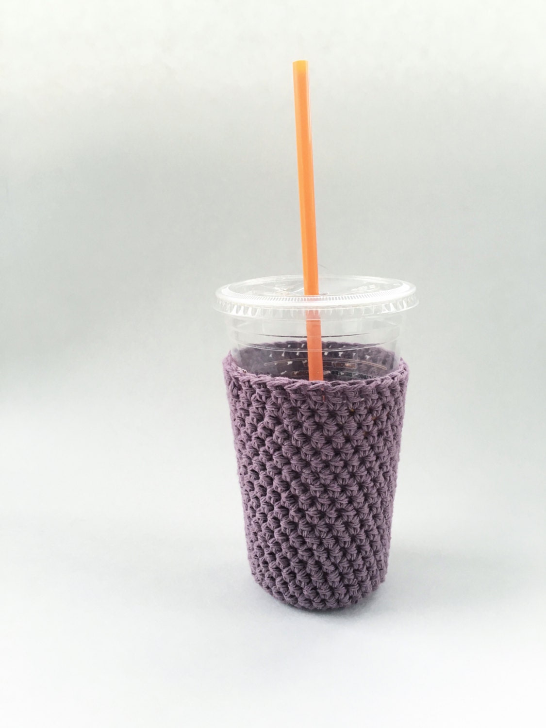 mauve iced coffee cozy. crochet cup sleeve. cotton cup cozy.