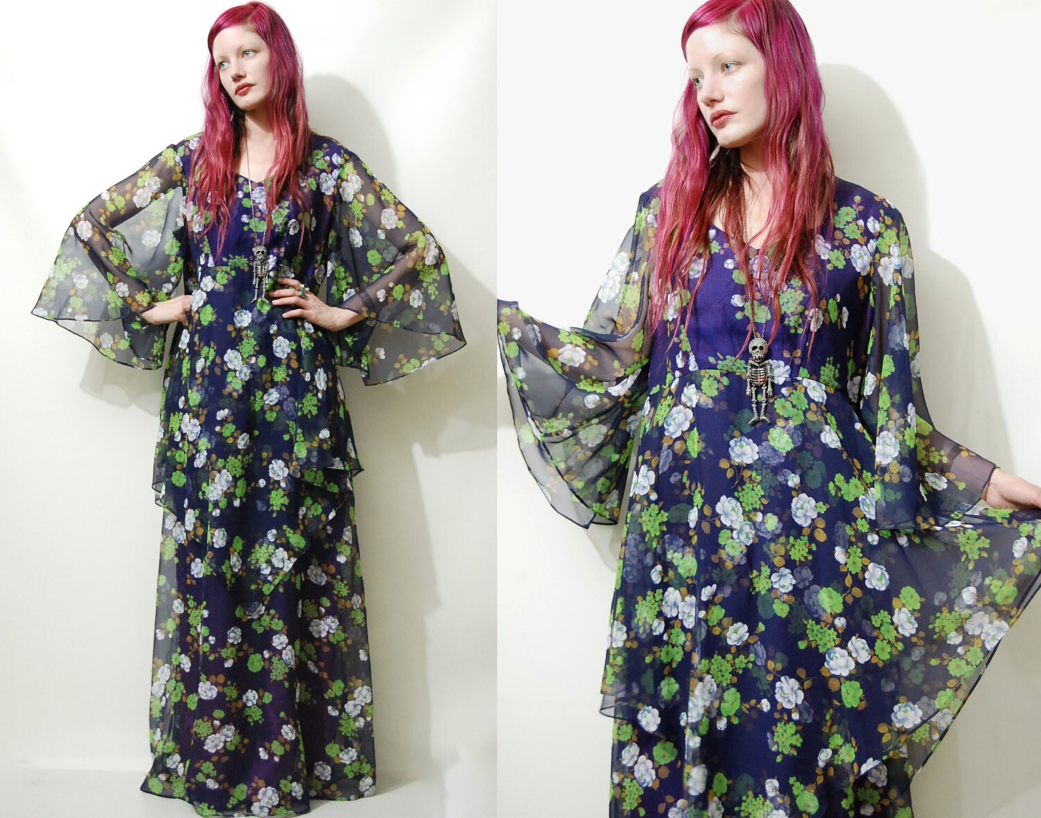 70s Vintage BELL SLEEVE Dress Sheer Floaty Chiffon Floral