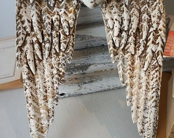 Angel wings distressed rust metal white w/ gray hints embellished rhinestone heart shabby farmhouse wall hanging decor anita spero design