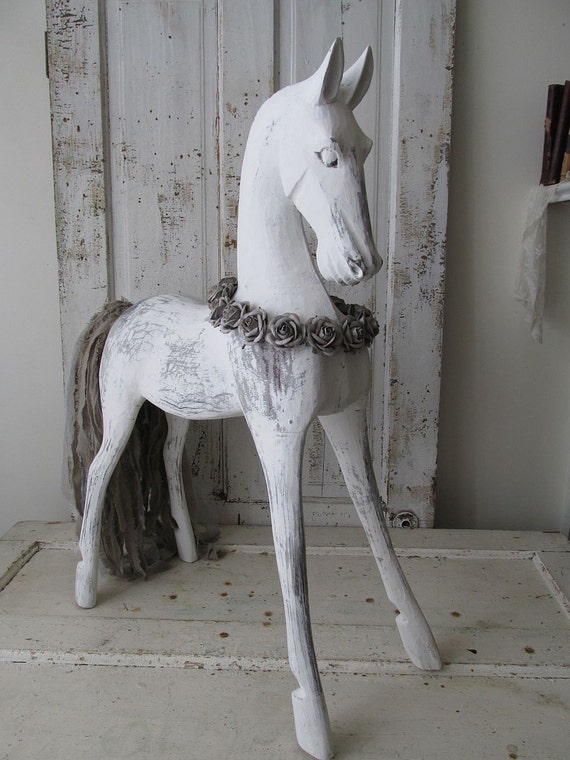 Large carved wooden horse statue white French by AnitaSperoDesign