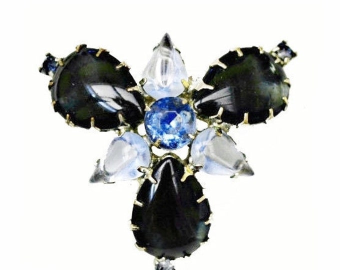 Blue Glass Cabochon Brooch Rhinestone mid century pin