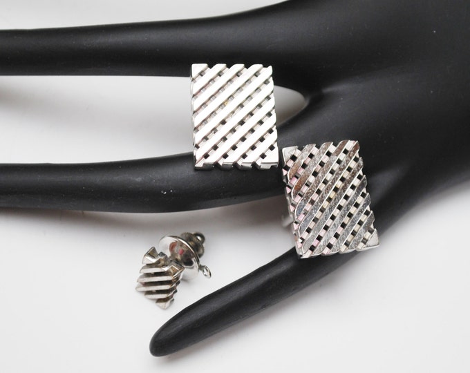 Silver cuff link Tie tack set - Signed Dante - modern -Retangle - cufflinks