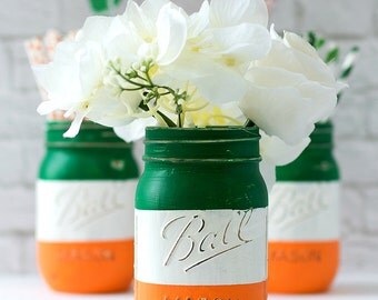 Irish Flag - Irish Flag Mason Jar - St Patrick Day Decor - St Patrick Day Party Decor - Painted Mason Jar