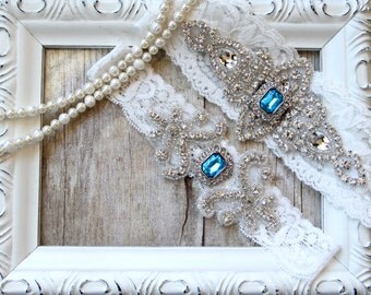 Garter Set, Wedding Garter Set, Bridal Garter Set, Vintage Wedding, Lace Garter, Crystal Garter Set - Style 001 A
