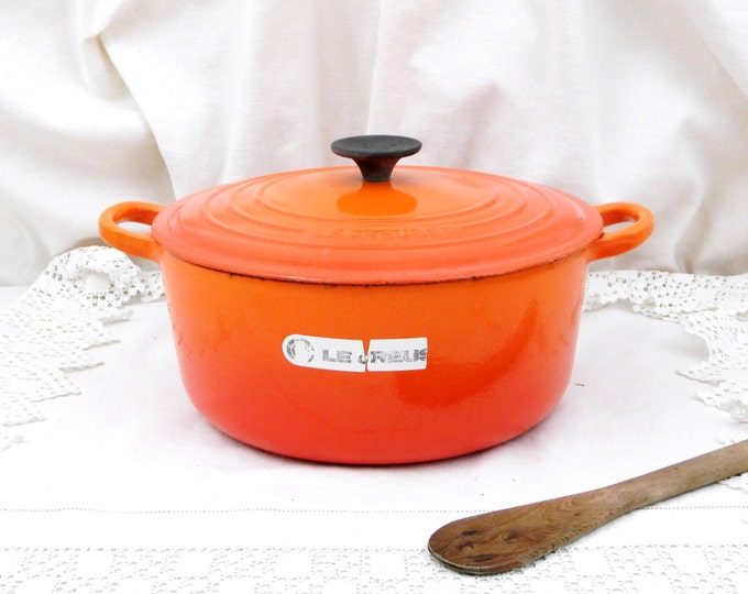 Large Vintage French Bright Orange Enameled Cast Iron Le Creuset 4.5 Cooking Pan / Pot and Lid, Kitchen, French Oven, Cooking, Kitchenware