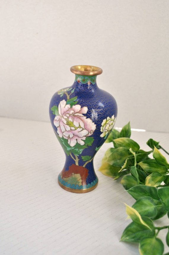 Vintage Cloisonné Enamel Brass Vase Rare Shape Unique