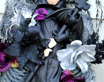 Halloween Wreath, Warlock Wreath, Gothic Wreath, Black Purple Silver Swag has Matching Witch for Double Doors. See other listing.