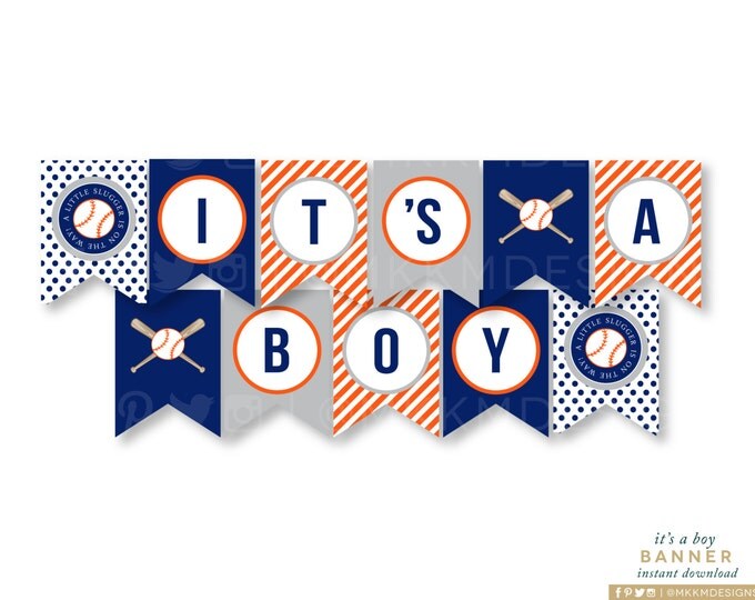 It's A Boy Banner, Baseball Baby Shower, Sports Baby Shower, Baby Banner, Baseball Shower Decor, Orange and Blue, INSTANT DOWNLOAD, #S1