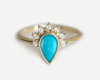 Turquoise Engagement Ring, Engagement Turquoise Ring, Pear Engagement Ring, Turquoise Diamond Ring, Simple Engagement Ring