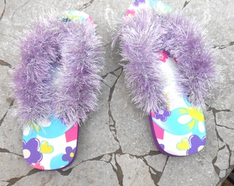 Girls Flip Flops - Decorated Flip Flops - Purple Silver Flip flops - Handmade Flip Flops - Size 11/12 - Free US Shipping