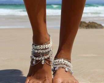 Silver Barefoot Sandals with silver chains, for boho brides and Beach Brides, Style: Stevie Barefoot Sandals in SILVER