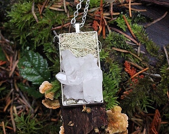 quartz crystal cluster & lichen necklace