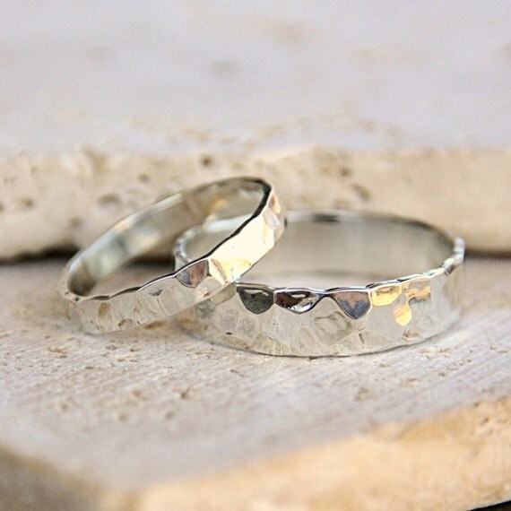 Hammered Silver Wedding Rings Set of Two Rings by TorchfireStudio