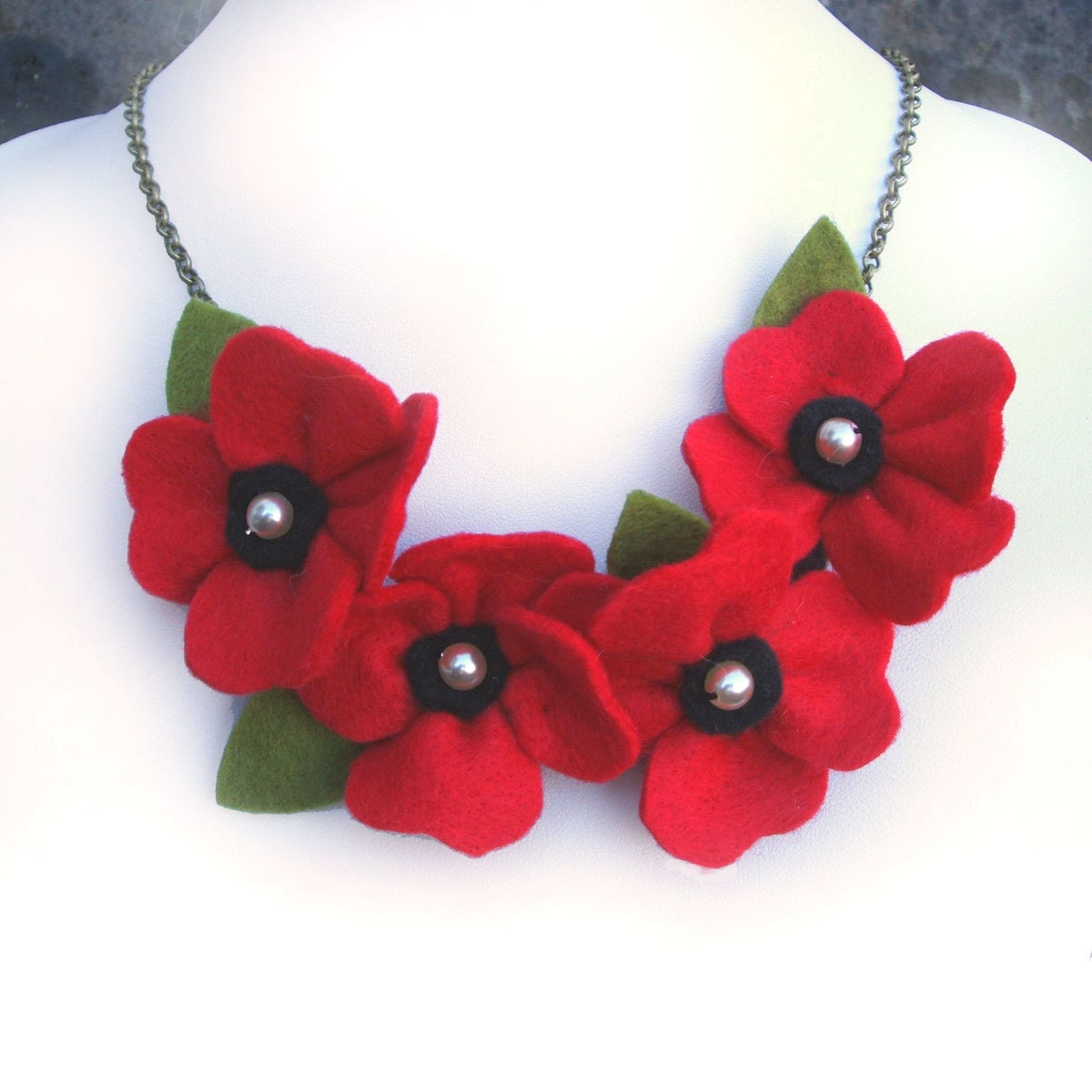 Red Poppy Necklace Poppies and Pearls Flower Necklace Bright