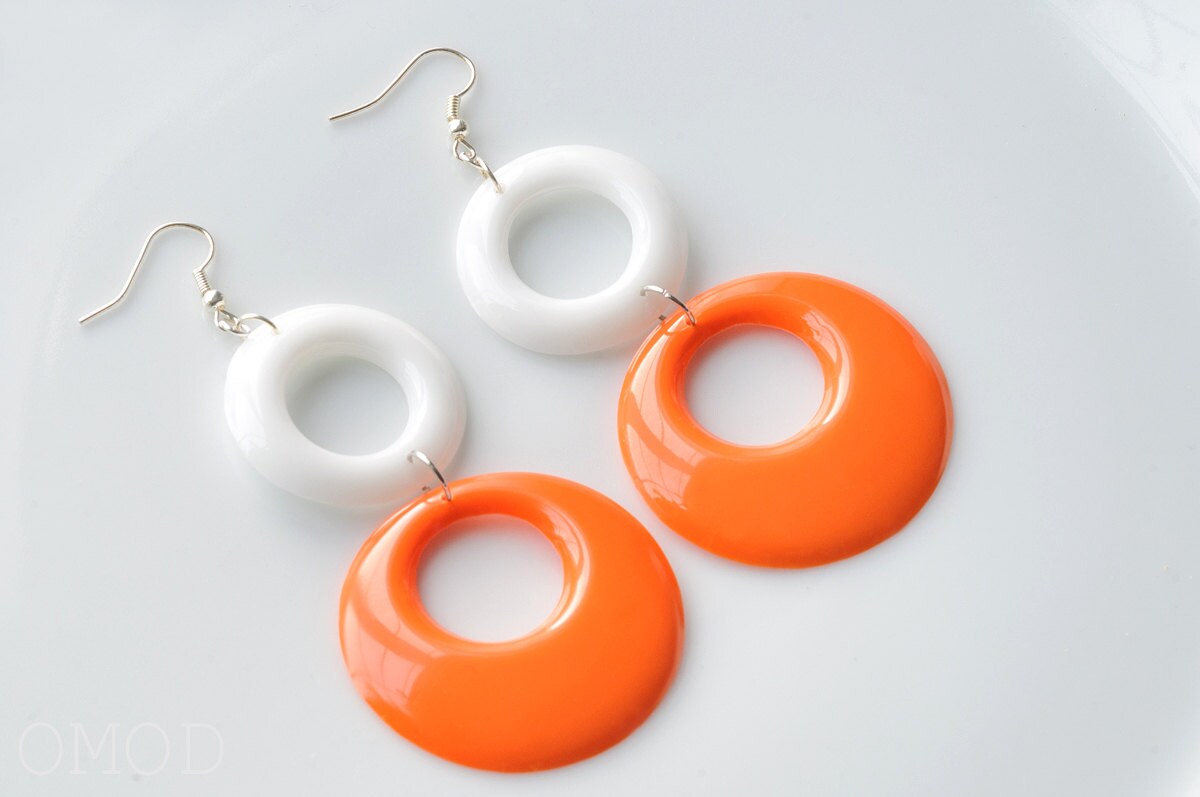 Mod earrings Orange White Hoop earrings Mod Hoop earrings by Omod