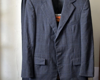 Vintage 1970s RALPH LAUREN POLO Charcoal w. Faint Blue Windowpane 2 Piece Suit Jacket Pants Size 39R Regular