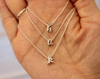 Cursive letter necklace, tiny silver initial necklace, dainty lowercase initial necklace, birthday bridesmaid gift, toddler necklace