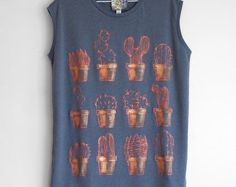 COPPER CACTUS top. Ladies sleeveless top with cactus drawing. Copper t shirt. Women's organic cotton and tencel sleeveless t-shirt.