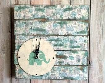 Elephant Nursery Wall Clock - Elephant Clock - Baby Nursery Clock - Turquoise Clock - Elephant Decor - Kids Room Clock - Pallet Clock