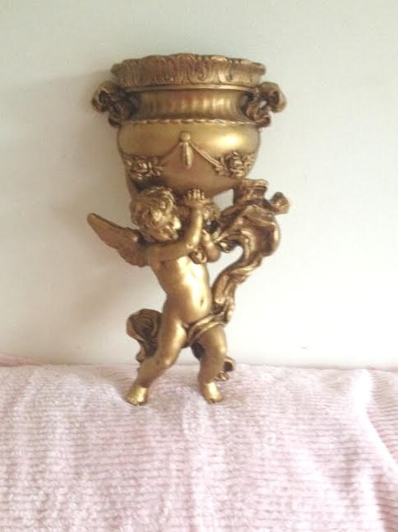 Large Cherub Angel Wall Pocket Planter Gold Gilt Roses 1975