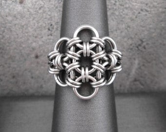 Stainless Steel Ring, Stainless Steel Chainmaille Jewelry, Chainmail, Chain Mail, Chain Maille Stainless Steel Flower Ring Metal Flower Ring