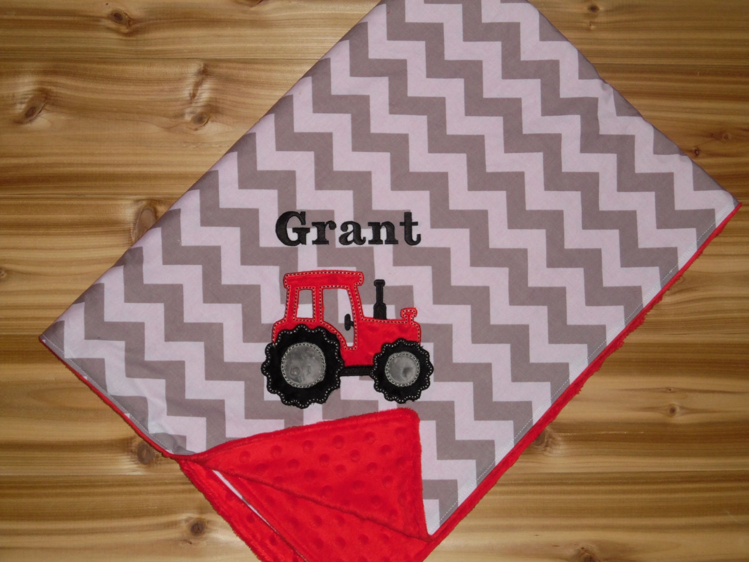 Tractor Chevron & Minky Baby Blanket with Embroidered