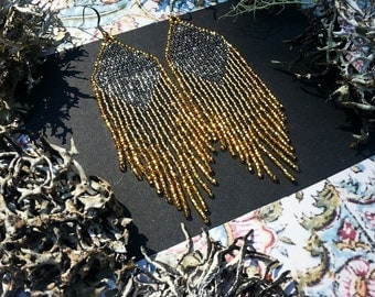 Golden Dawn (Black)...Beaded Fringe Earrings
