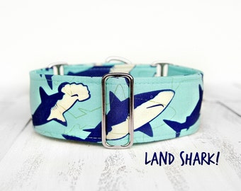 Shark Dog Collar, Martingale or Regular Standard Buckle Collar, 2 Inch Martingale Dog Collar, Blue Nautical Theme Dog Collar, Handmade