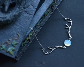 Hunter's Moon - Moonstone necklace, Silver Deer Antlers, Opalite, Elven, Tiny Doe, Mori, Strega pendant, Witchy Choker, Faerie, Gift for her