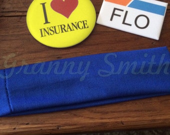 The 3 piece ZOMBIE "Flo Progressive inusrance" I love insurance pin and name badge set with blue headband (Apron NOT included)