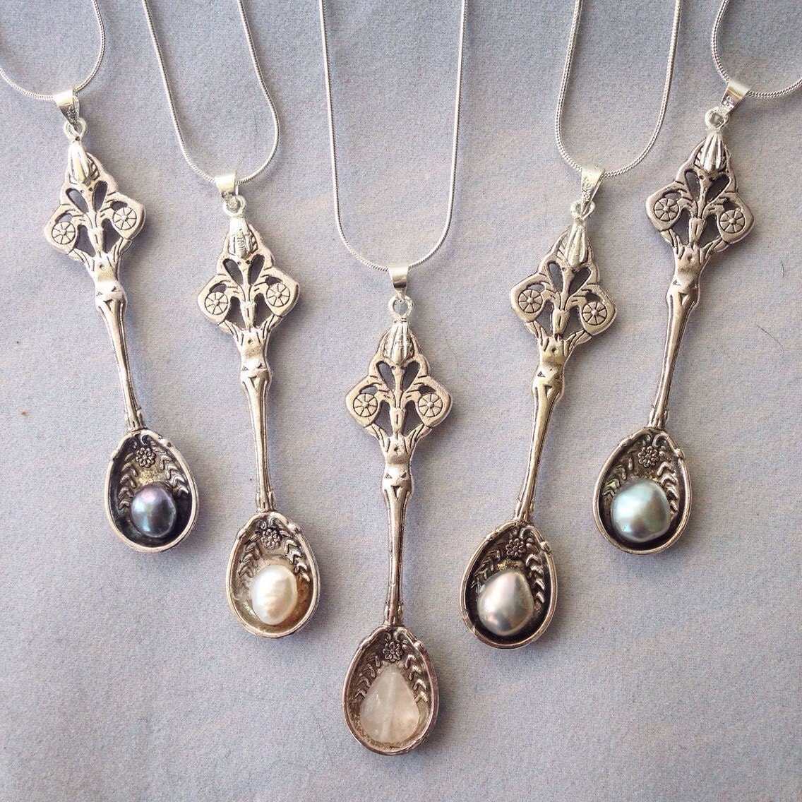 Snuff Spoon Necklace with Freshwater Pearls by AngelBeachBoutique