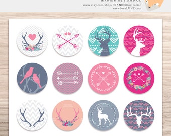 GET 3 FOR 2. Printable Collage Sheet, 1 and 2 inch circles. Arrows + Antlers, Deer, Stag. Cupcake Toppers, Jewelry Art, Scrapbooking, CA002.